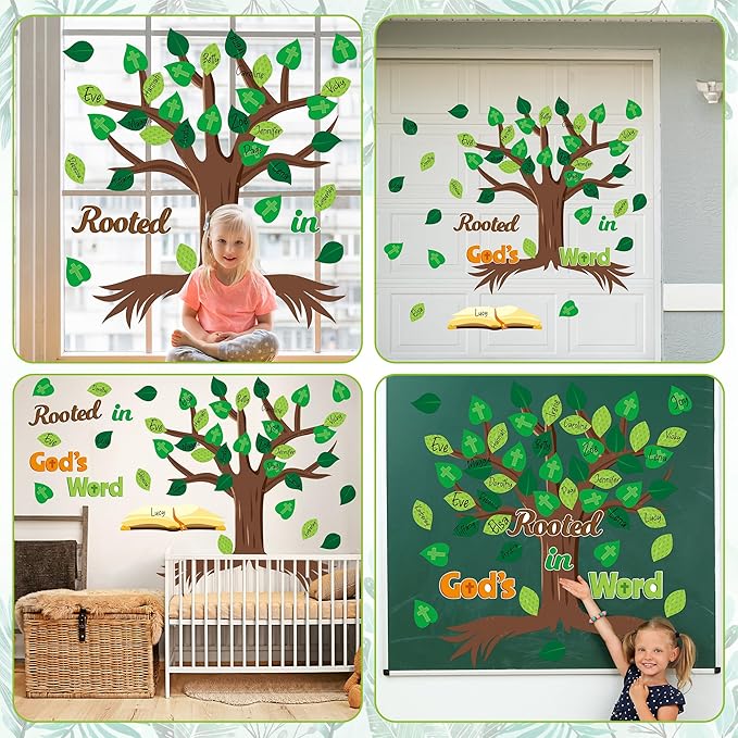 CY2SIDE Leaves Bible Tree Bulletin Board - 86PCS Rooted in God’s Word Tree Bulletin Board Set Green Leaves Name Tag Trees Cutouts Trim Borders for Faith Religious Sunday School Wall Decor