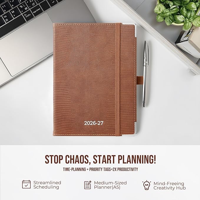 Planner 2026-2027 Weekly & Monthly Planner with Hourly Time Slots, 18 Month Academic Calendar July 2026 – Dec 2027, Vertical Layout, Monthly Tabs, Hardcover Business Agenda, Brown