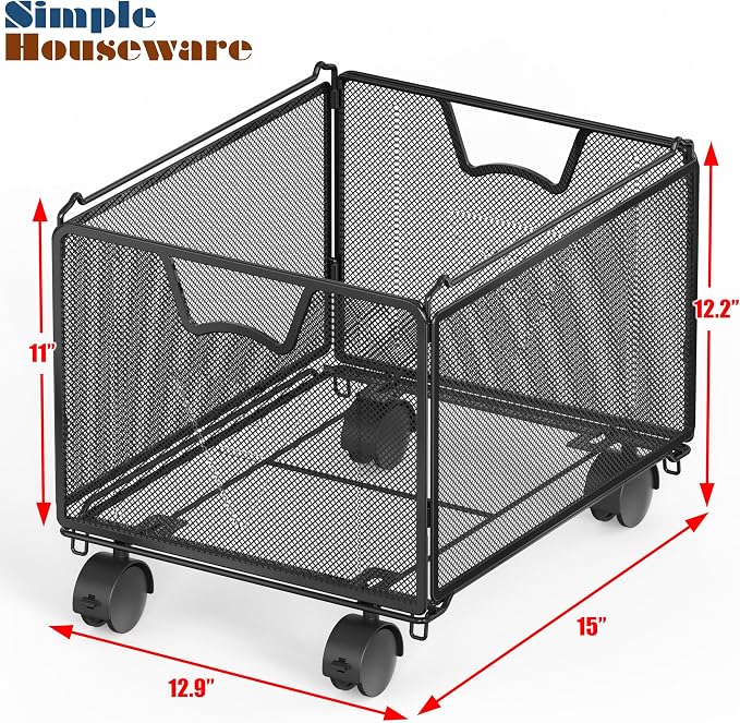 Simple Houseware Stackable Mesh Hanging File Folder Organizer with Wheels, Black