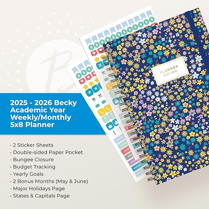 Blue Sky 2025-2026 Weekly and Monthly Academic Year Planner Calendar, July 2025 - June 2026, 5" x 8", Hard Cover, Wirebound, Storage Pocket, Laminated Tabs, Stickers, Becky