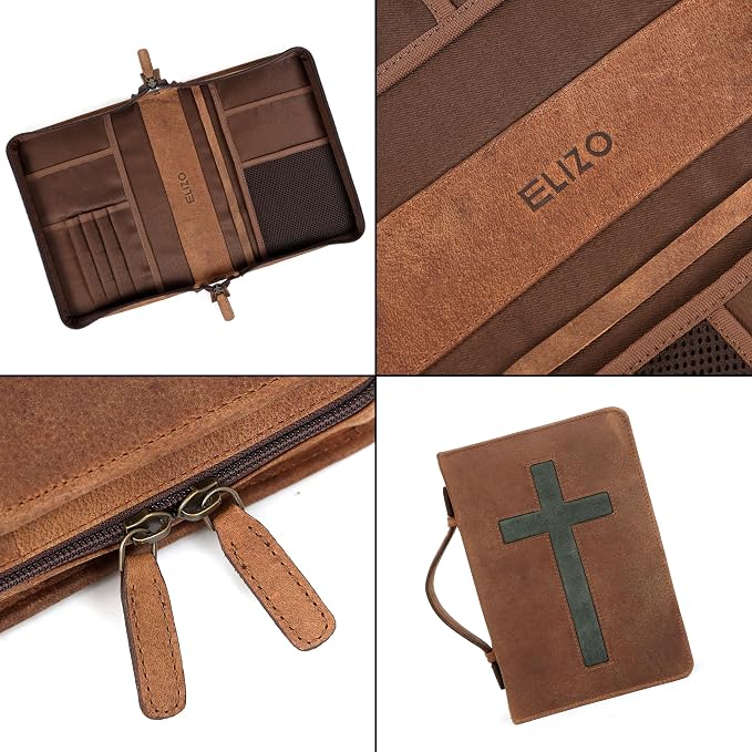 ELIZO Leather Bible Cover Bible Case for Men Women Genuine Leather Bible Bag Holder Cross Large Carrying with Zipper Case Protector Christian Religious Gifts for Mens Pioneer (Saddle/Green, Small)