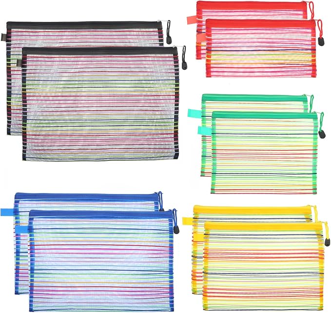HESTYA 10 Pcs Mesh Zipper Pouch Bags for Organizing 5 Sizes, 5 Colors Large Small Pouch Bulk Cosmetics Purse Toiletry Travel Cases Multipurpose Makeup Document File Storage for Home Offices Supplies
