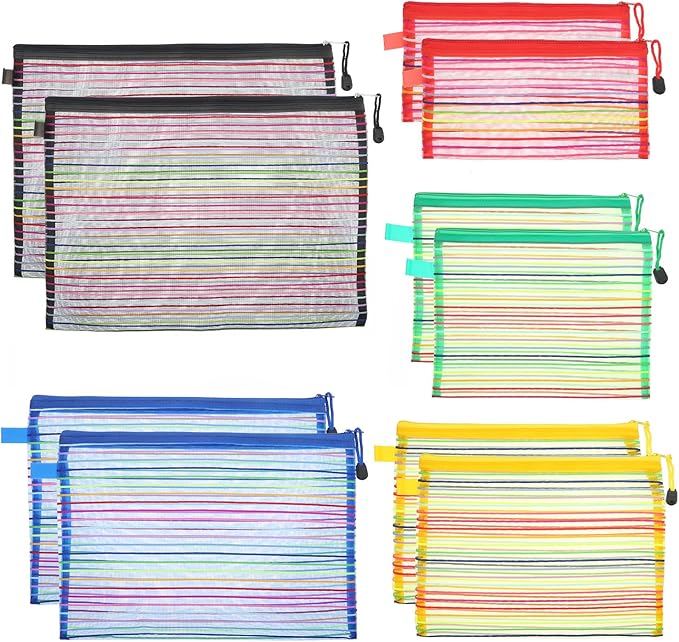 HESTYA 10 Pcs Mesh Zipper Pouch Bags for Organizing 5 Sizes, 5 Colors Large Small Pouch Bulk Cosmetics Purse Toiletry Travel Cases Multipurpose Makeup Document File Storage for Home Offices Supplies