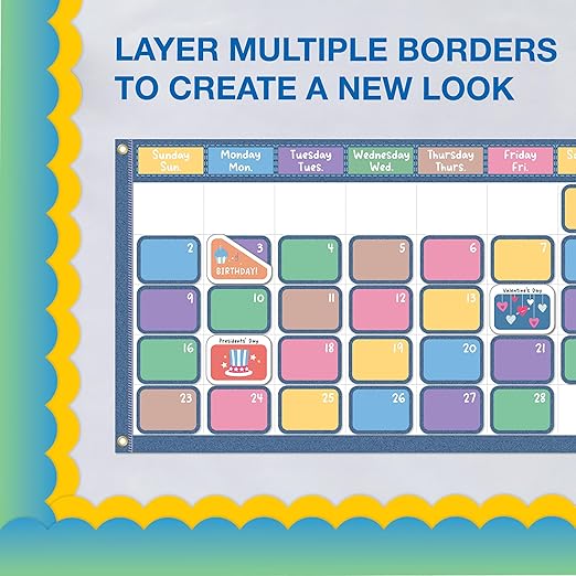 IXL 65Ft of Gradient and Groovy Bulletin Board Border, 1 Roll of Scalloped Trim for Rolling Whiteboard, Cork and Posterboard, Party, Office Decorations, and Classroom Decor
