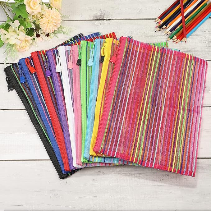 MECCANIXITY Mesh Zipper Pouches, A4 Pencil Case Document File Bags Storage Organizer for Office Supply Travel Accessory, Multicolor Pack of 10