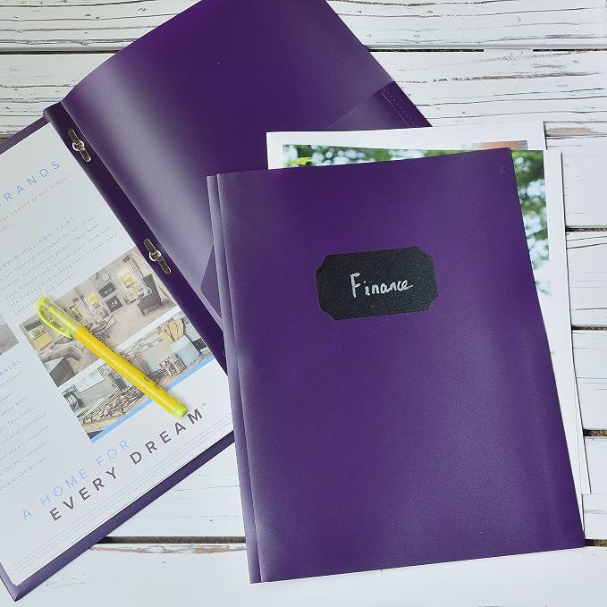 Youngever 6 Pack Heavy Duty Plastic Two Pocket Folders with 3 Prongs, Metal Prongs Fastener, Heavy Duty Plastic 2 Pocket Folder (Purple)