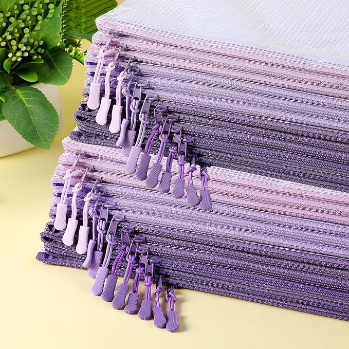 Feifeiya 24 Pack Purple Mesh Zipper Pouch Bags, A4 Size Clear Mesh Zipper Storage Bags Bulk for School Office Organization