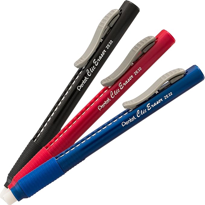 Pentel Clic Eraser Grip, Retractable Eraser, Black Barrel, Box of 12 (ZE22A)