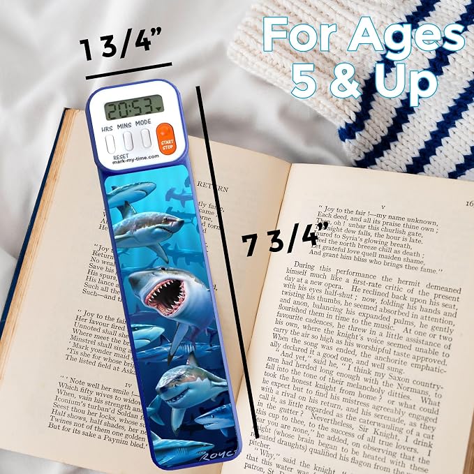 Mark-My-Time - Digital Bookmark - Mark My Time Reading Timer and Bookmark for Kids - Cool Bookmarks, Reading Incentives - Christmas Gift & Stocking Stuffer for Book Lovers - Summer Reading - 3D Shark
