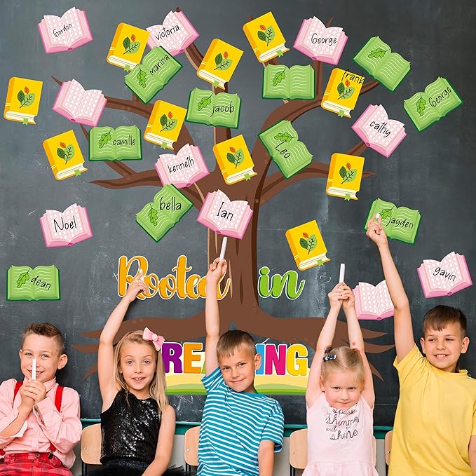 CY2SIDE Reading Tree Bulletin Board - 55PCS Rooted in Reading Tree Cutout for Bulletin Border Sets Books Name Tags Leaves Cutout Trim Border Kit Back to School Chalkboard Wall Decoration Supplies