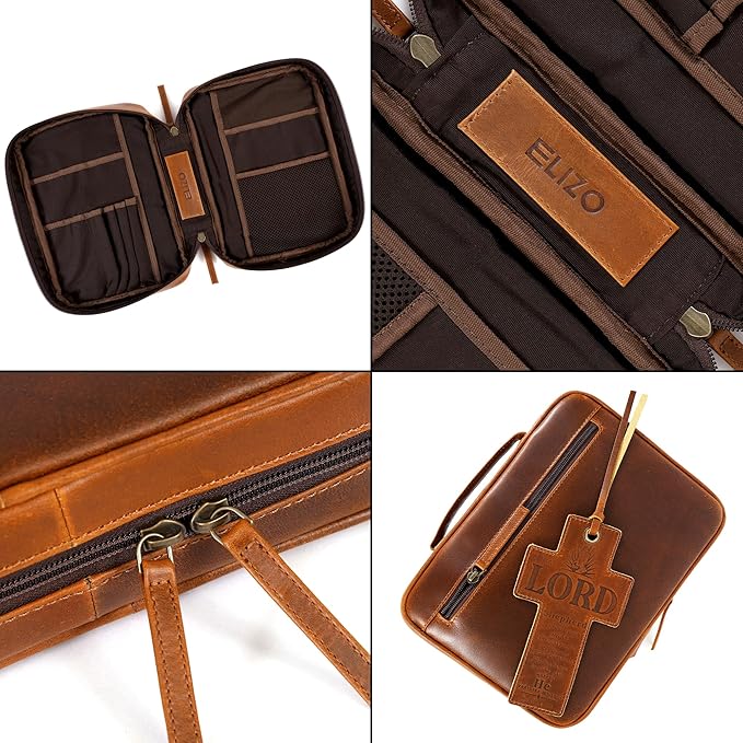 ELIZO Leather Bible Cover for Men Bible Case Women Holder Carrying Organizer Wrap Sleeve Protector Christian Religious Gift Cross Bookmark – Study Cognac