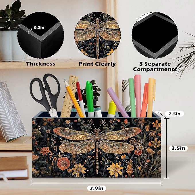 Dark Academia Dragonfly Floral Pen Holder, Vintage Moody Office Pen Pencil Holder Organizer for Desk Accessories, Whimsical Insect Wooden Box Desk Decor for Home Office Desk Decorations