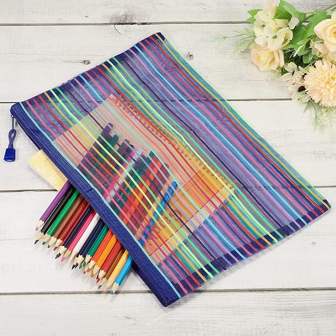 MECCANIXITY Mesh Zipper Pouches, A4 Colorful Pencil Case Document File Bags Storage Organizer for Office Supply Travel Accessory, Blue Pack of 6