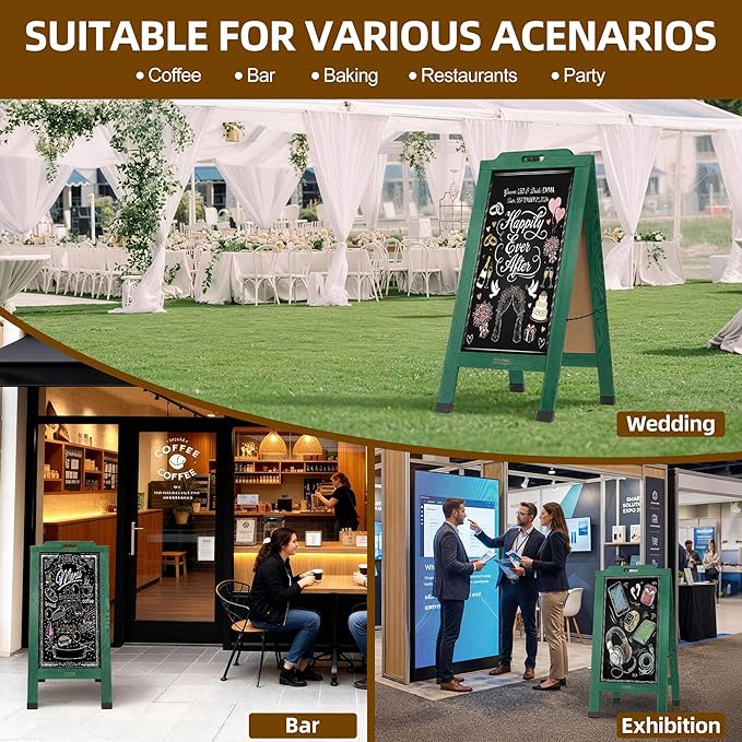Magnetic Portable A-Frame Chalkboard Signs, 40" x 20" Large Wood Sandwich Board Signs Outdoor, Double-Sided Sidewalk Standing Chalk Board for Business, Wedding, Vendor Display, Coffee Shope - Green