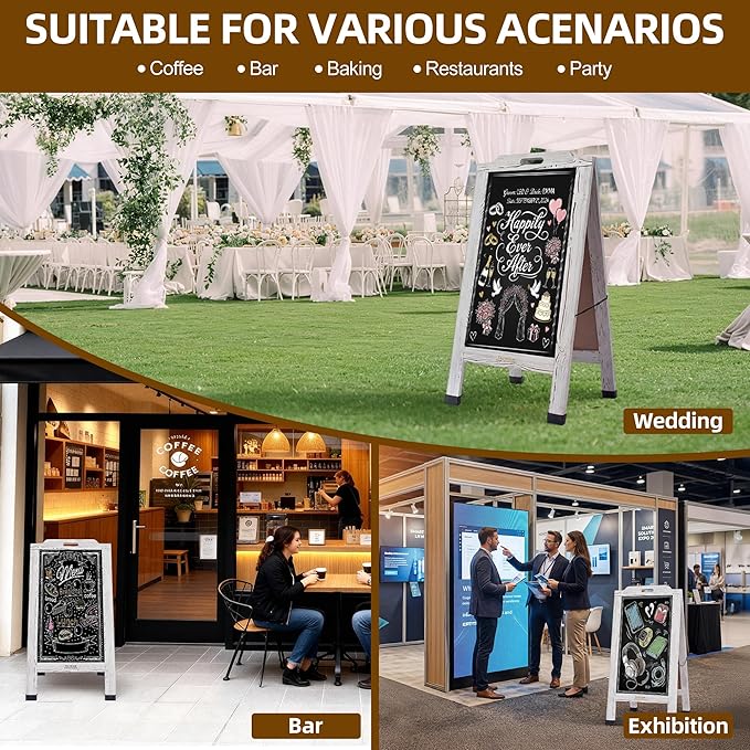 Magnetic Portable A-Frame Chalkboard Signs, 40" x 20" Large Wood Sandwich Board Signs Outdoor, Double-Sided Sidewalk Standing Chalk Board for Business, Wedding, Vendor Display, Coffee Shope - White