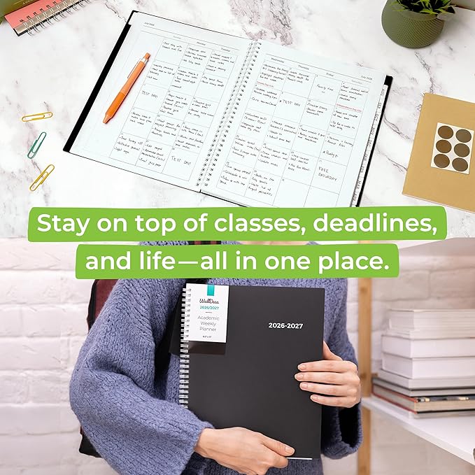 WallDeca Academic Planner 2026-2027, Daily, Weekly & Monthly Planner, July 2026 - June 2027, Student Notes Pages, Twin-Wire Binding Day and Weekly Agenda for School & Work (8.5 x 11-Inches, Black)