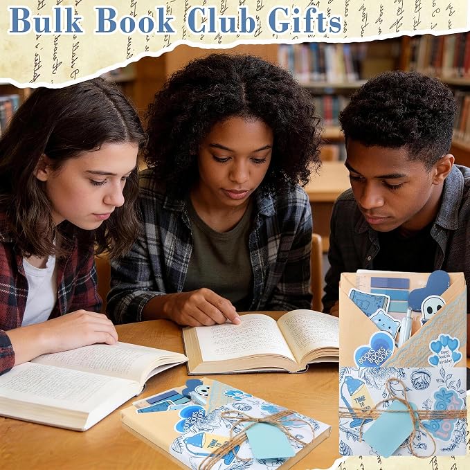 J6&H6 6 Set Blue-Themed Blind Date with a Book Gift excluding Books,Gift Set Including Lace Ribbons Patterned Paper Leather Bookmarks Stickers Purple Labels Kraft Paper for Literary Gifts (Blue)