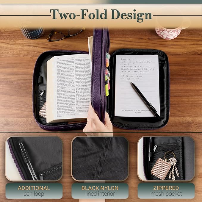 Christian Art Gifts Inspirational Vegan Leather Two-fold Organizer Bible Cover for Women, Jesus Fish Badge, Sturdy Carry Handle, Pen Loops, Pockets, Pen/Highlighter Combo & Notepad, Purple, Medium