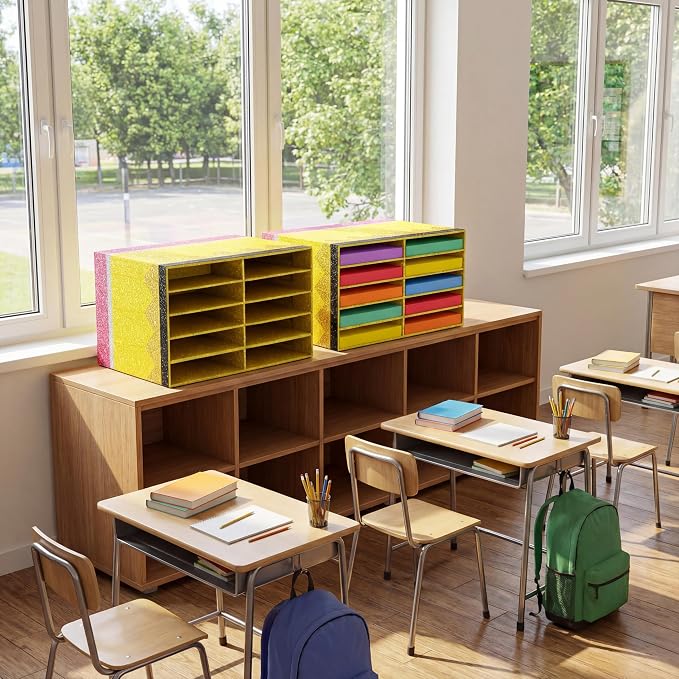 Colingmill 2 Pcs Pencil Classroom Paper Storage Organizer Construction Paper Storage Desktop Mailbox File Sorter Literature Cardboard Organizer for Home Office School, 19.7 x 12.4 x 11.8 Inch