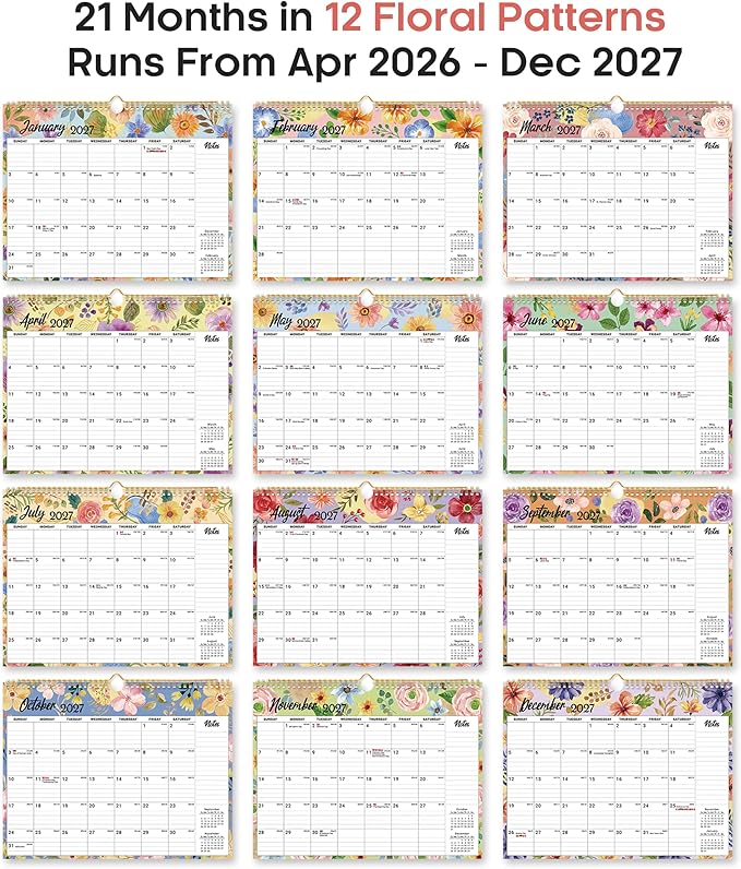 Calendar 2026-2027, Monthly Wall Calendar from April 2026 to December 2027, 11.5" x 14.7", Spiral Binding Hanging Wall Calendar, Perfect for Home or Office,Botanic Whimsy
