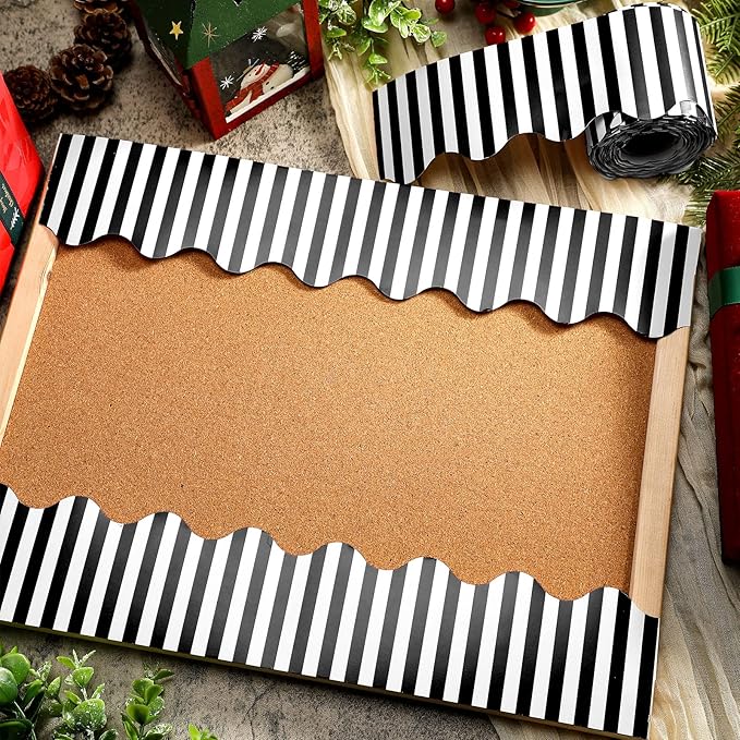 65 Feet Scalloped Bulletin Board Border for Classroom Self Stick Striped Borders Wavy Line Border for Bulletin Cork Board Desk Classroom Party Supplies Decor(Black and White Stripes)