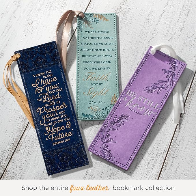 Christian Art Gifts Navy Blue & Gold Premium Vegan Leather Scripture Bookmark for Women: I Know the Plans - Jer. 29:11 Inspirational Bible Verse w/Dark Golden Satin Ribbon & Debossed Floral Design