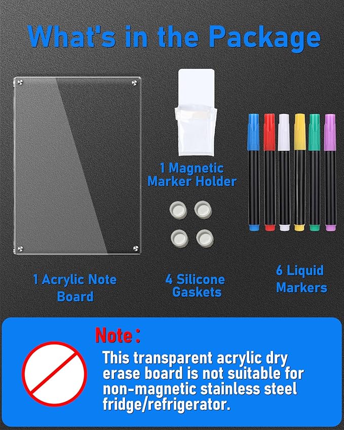 Clear Acrylic Magnetic Dry Erase Board for Fridge,12"x8" Magnetic Whiteboard for Fridge, Magnet Weekly Planner Calendar for Refrigerator Includes 6 Colors Markers