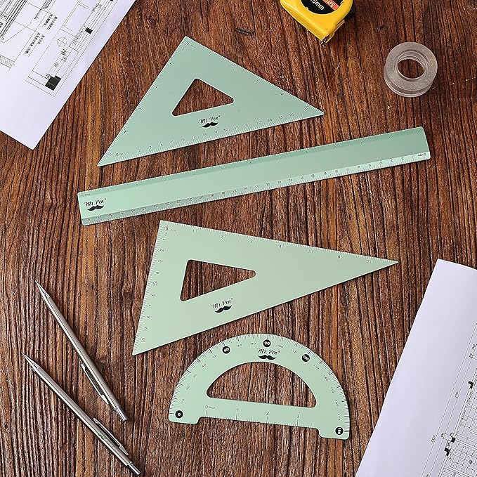 Mr. Pen- Metal Geometry Kit, 4 Pack, 45° & 30°/60° Set Squares, 6" Protractor & 12" Ruler, Durable Metal Drafting Tools for Technical Drawing, Math, Engineering & Architecture