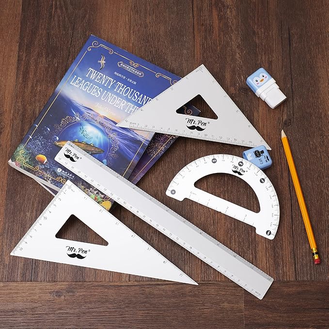 Mr. Pen- Metal Geometry Kit, 4 Pack, 45° & 30°/60° Set Squares, 6" Protractor & 12" Ruler, Durable Metal Drafting Tools for Technical Drawing, Math, Engineering & Architecture