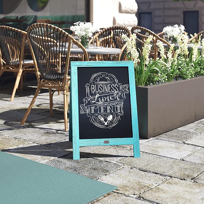 A Frame Chalkboard by HBCY Creations: 20x30 Solid Wood A-Frame Sign Robin Blue Double-Sided Magnetic Board, Chalkboard Menu Board, for Restaurants, Cafés, Weddings - Heavy Duty Hinges