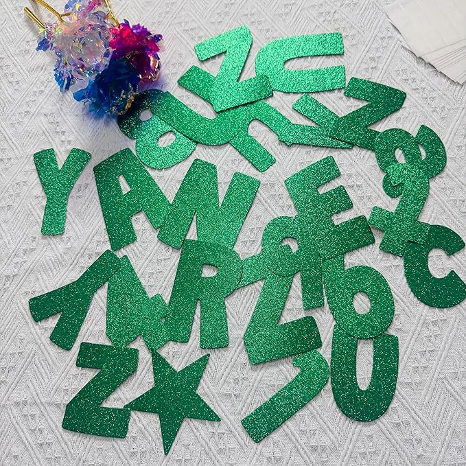 225Pcs Glitter Bulletin Board 4inch Letters with Adhesive Dots Punctuation Symbols Cutout for Classroom Numbers Alphabet School Display Decorating Supplies (Green)