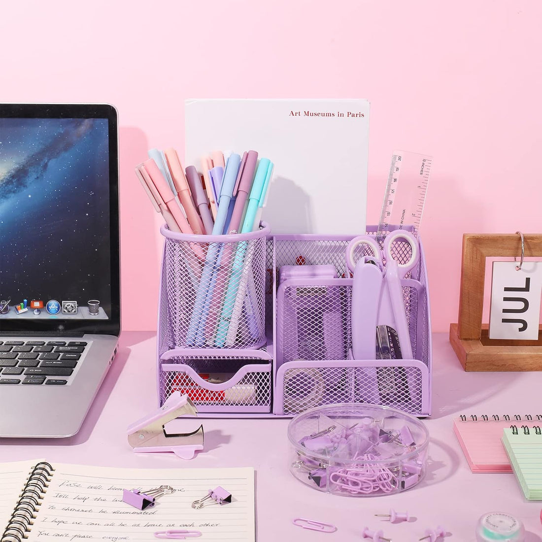 Elevate Your Workspace with a Vibrant Purple Mesh Desk Organizer and Accessories!