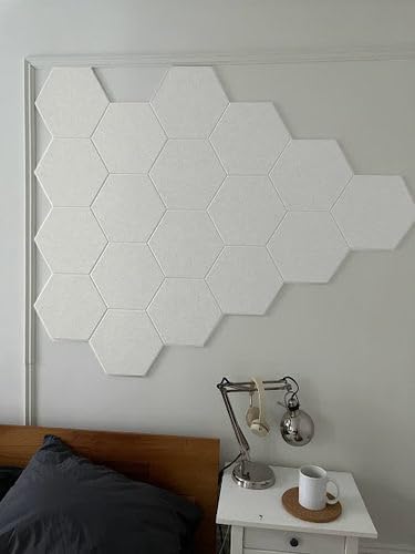 Hexagon Felt Board Tiles - 12 Packs Self Adhesive Pinboard & Acoustic Panels | Modern Office Wall Decor for Home | Sound Absorbing Bulletin Board - Warm White