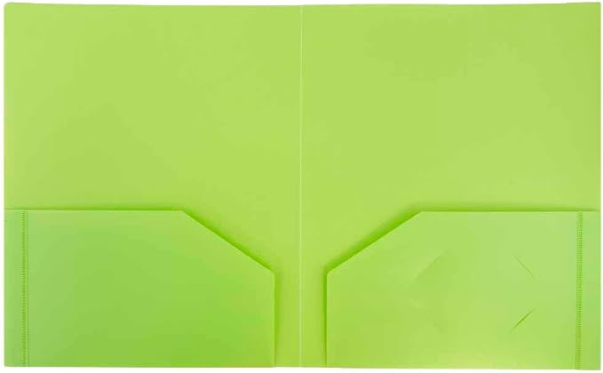 JAM PAPER Heavy Duty Plastic 2 Pocket Extra Tough School Folders - Lime Green - 12/Pack