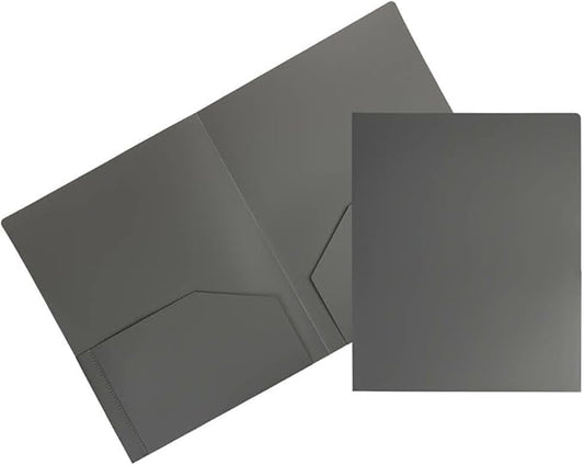 JAM PAPER Heavy Duty Plastic 2 Pocket Extra Tough School Folders - Grey - 24/Pack