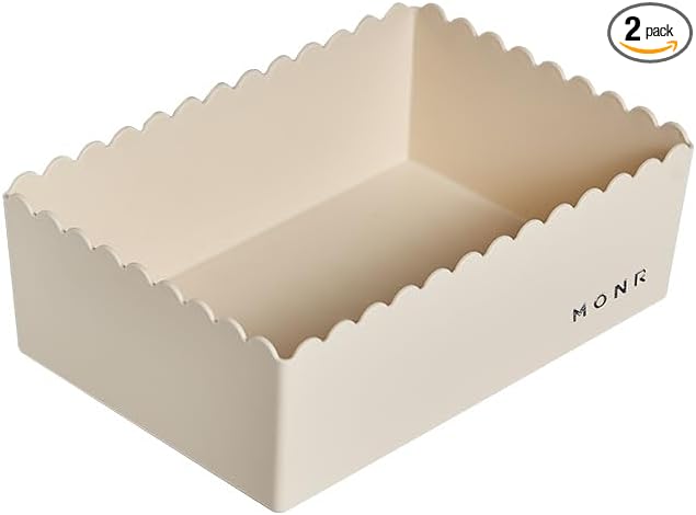 Desktop Storage Basket, 2-Pack, Decorative Scalloped Plastic Organizer, Kawaii Style (Light White, Large)