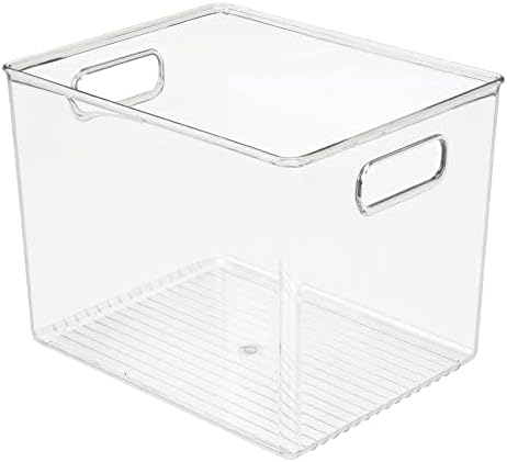 mDesign Tall Deep Rectangular Plastic Office Supplies Storage Organizer Bin with Carrying Handles - Pads, Pens, Pencils, Dry Erase Markers, Highlighters, Sticky Notes, Ligne Collection, 4 Pack, Clear