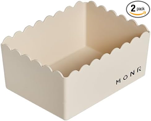 Desktop Storage Basket, 2-Pack, Decorative Scalloped Plastic Organizer, Kawaii Style (Light White, Small)