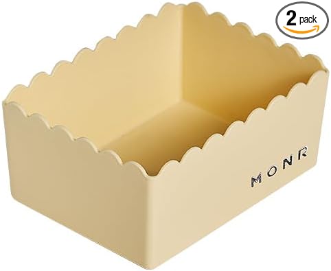 Desktop Storage Basket, 2-Pack, Decorative Scalloped Plastic Organizer, Kawaii Style (Yellow, Small)