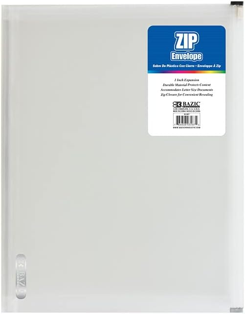 BAZIC Products Plastic Envelopes with Zipper – Durable Clear Poly Envelopes, Transparent Folder for Documents, Home, Office or School, Letter Size or A4 Folder, 24-Pack
