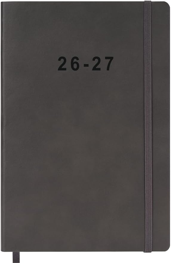 26-27 Academic Planner - Weekly and Monthly Planner, Jul 2026 - Jun 2027, Holidays, Contacts and Notes Pages, Vegan Leather Cover, Elastic Closure, 5.5”x8.25”, Grey