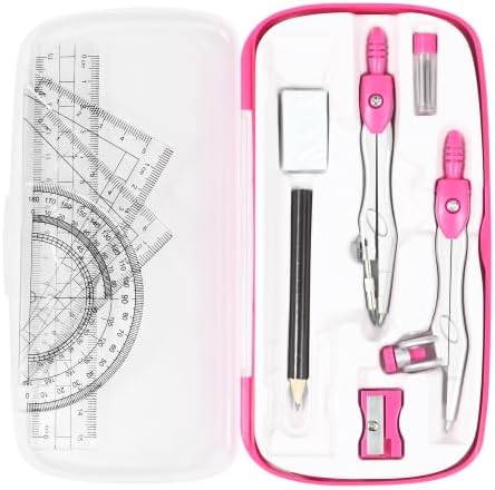 Vobou Math Geometry Kit Sets 10 Piece Student Supplies with Shatterproof Storage Box,Includes Rulers,Protractor,Compass,Eraser,Pencil Sharpener,Lead Refills,Pencil,for Drafting(Pink）