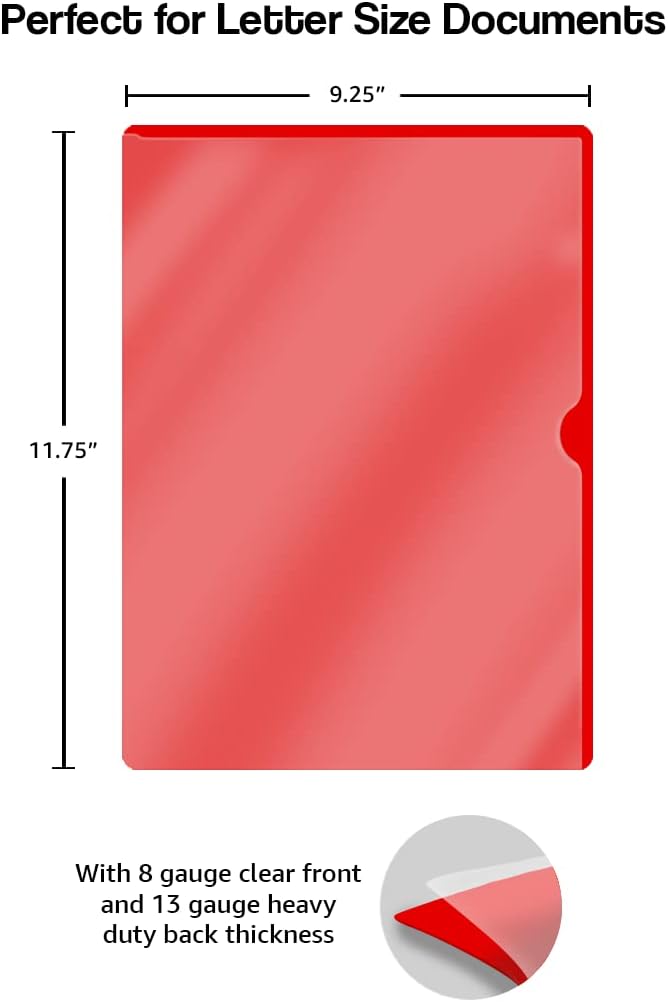 Doctor Stuff - 25 Pack L-Type Vinyl Plastic File Folders Letter Size, Red Pocket Project Folders Clear Front, Documents Holder for Home, High School, Office and Medical Files