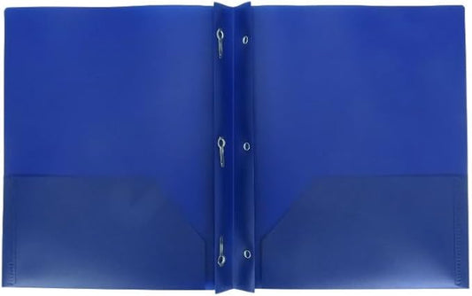 Letter Size Plastic Folder with Pockets and 3 Metel Prongs (Blue)