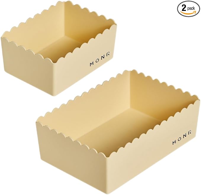 Desktop Storage Basket, 2-Pack, Decorative Scalloped Plastic Organizer, Kawaii Style (Yellow, Large and Small)