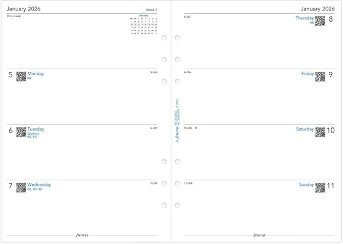 Filofax Calendar Diary Refill, A5 Size, Week-to-View, White Paper, Unruled, English, 2026 (C68522R-26)
