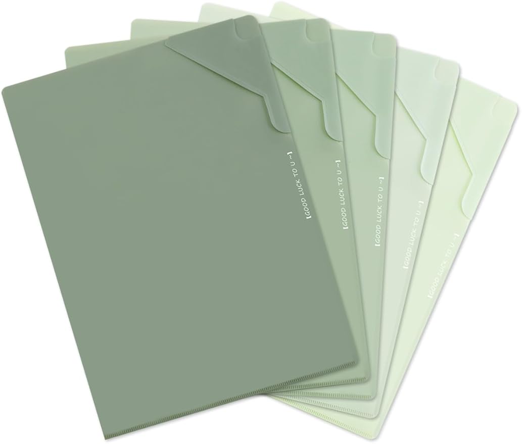 Plastic Folders Sleeves, Gradient Colors Plastic Project Pockets for Paper 11.9 × 8.5 Inches, Transparent Document Folders for School and Office Supplies (5 Pcs, Green)