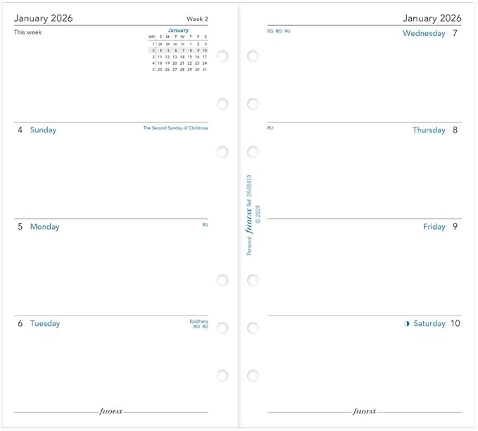 Filofax Calendar Diary Refill, Personal/Compact Size, Week-to-View with Notes Section, Sunday to Saturday, White Paper, Unruled, English, 2026 (C68419-26)