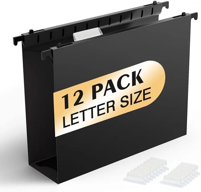 Shutex Extra Capacity Plastic Hanging File Folders,12 Pack Reinforced Hang Folders,Heavy Duty 2 Inch Expansion,Plastic Filing Cabinet Folders,Letter Size,Designed for Bulk Files, Medical Charts,Black