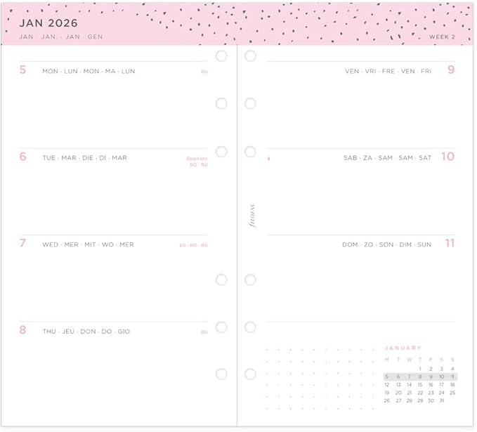 Filofax Calendar Diary Refill, Personal/Compact Size, Week-to-View, Confetti Minimal Diary Pack, Multilingual: Five Languages, 2026 (C68491-26)